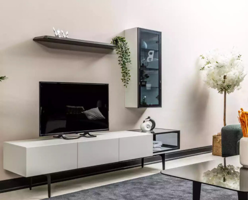 Ein unvergleichlicher TV-Schrank und Regale im minimalistischen Stil