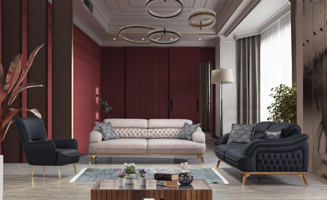 Luxus Dreisitzer Sofa 3 Sitzer Stoff Sofas Holz Design Grau Chesterfield