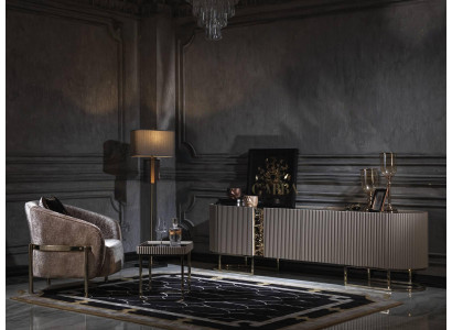 Gruppe Sessel Wohnzimmer Beistelltisch Beige Stoff TV Ständer Set 3tlg