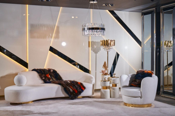 Modernes Weißes Sofa Luxus Polster 3-Sitzer Halbrunder Couchtisch 2tlg