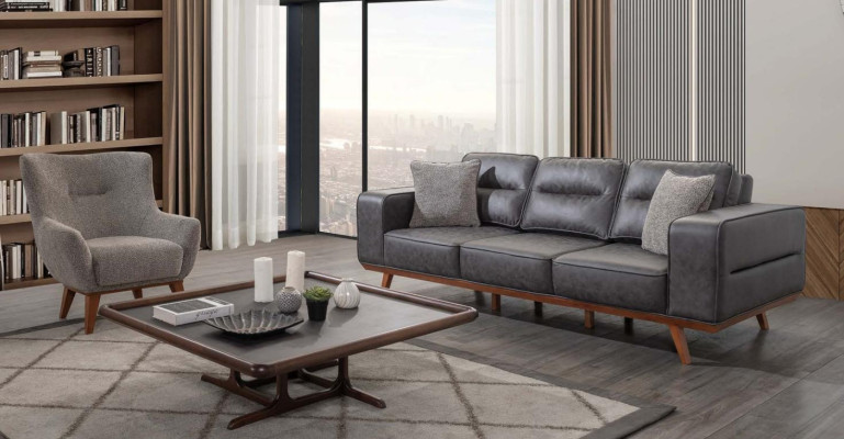 Graue Wohnzimmer Sofagarnitur Dreisitzer Sessel Luxus Polster Sitzer