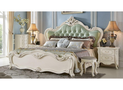 Klassisches Schlafzimmer-Set aus weißem Holz und grünem Leder im Barockstil