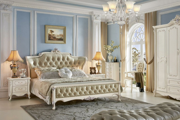 Luxus Königliches Betten Doppelbett Hotel Chesterfield Leder Bett Massivholz