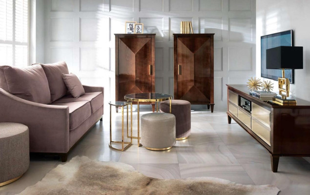 Gruppe Hocker Fußhocker Polyester Wohnzimmer Sitz Stoff Beige Luxus Sitzer 3tlg