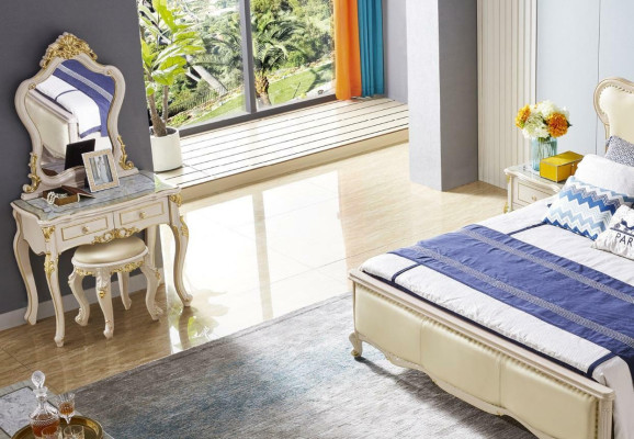 Klassische Bett Schlafzimmer Schminktisch Set Nachttisch Hocker 5tlg. Massivholz