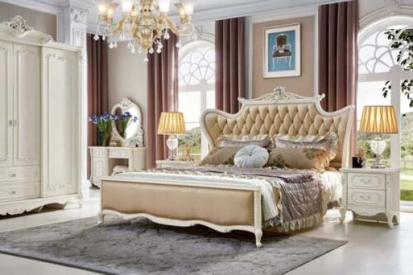 Klassische Rokoko Schlafzimmer Set 3 tlg. Nachttische Bett Leder Massivholz