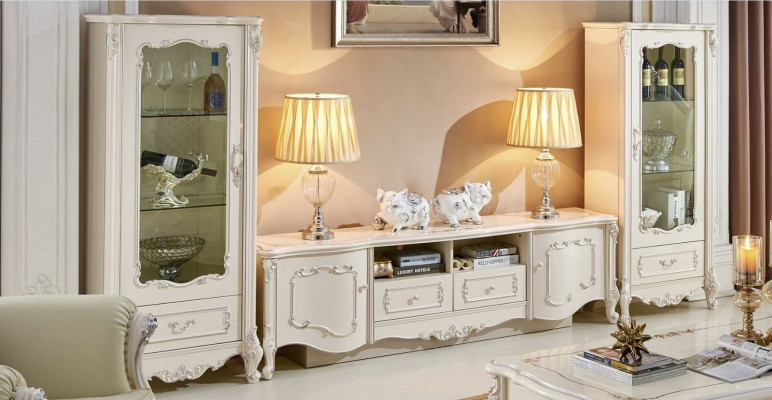 Design Vitrine Sideboard 2x Schrank rtv Wohnwand Anrichte 3 tlg. Massivholz