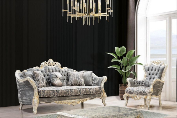 Barock Sofa 3 Sitz Grau Wohnzimmer Klassisch Design Sofa Couch Textil
