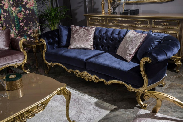 Chesterfield Dreisitzer Sofa in luxuriöser blauer Farbe für das Wohnzimmer 