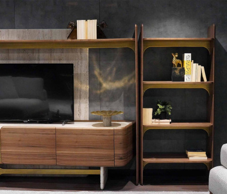 Luxus Wohnwand Design Wohnzimmer Garnitur Möbel Braun Holz Bücherregal Regale