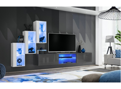 Grau Sideboard TV-Ständer Garnitur Wohnwand Komplett Wand Regale Wandschrank