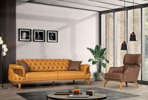 Moderne Chesterfield Couchgarnitur Dreisitzer Luxus Sofas Sessel Gelb 2tlg