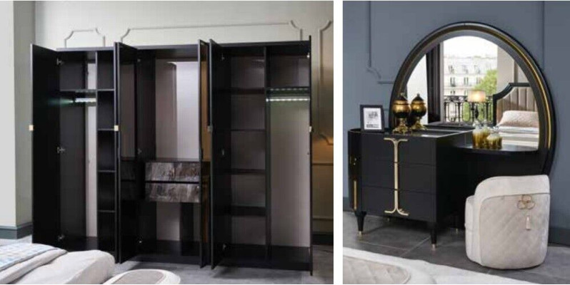 Schlafzimmer Bett Nachttisch Kleiderschrank Kommode Spiegel Hocker Schwarz 7tlg