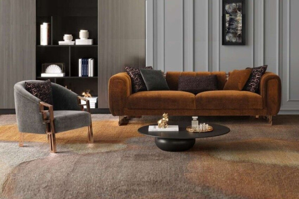 Couchgarnitur Dreisitzer Sessel Braun Stoffsofa Set Komplette Sofa