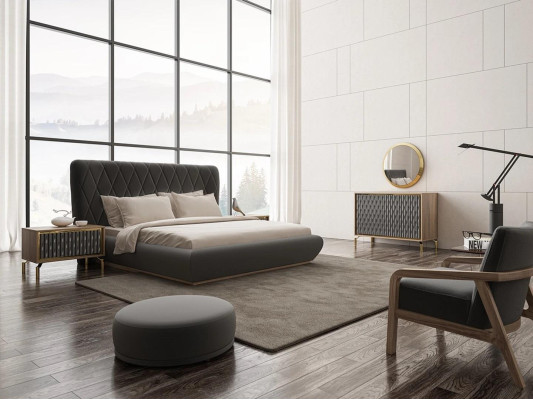 Design Komplett Schlafzimmer Bett Holz 2x Nachttische Kommode mit Spiegel