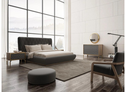 Design Komplett Schlafzimmer Bett Holz 2x Nachttische Kommode mit Spiegel