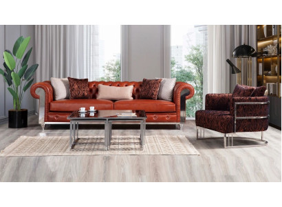 Chesterfield Sofagarnitur Kunstleder Dreisitzer Braun Couchgarnitur Couchen