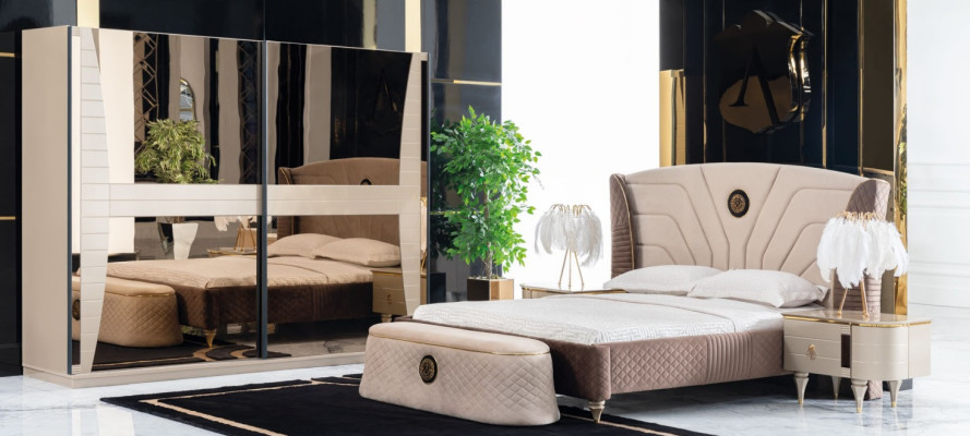 Luxus Set Schlafzimmer Bett Nachttisch Kommode Hocker Gruppe Garnitur Neu 5tlg.