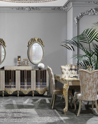 Essecke Luxus Essgruppe Esszimmer Esstisch Stühle Beige Set Holz 5tlg