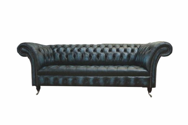 Klassischer 3 Sitz Couch Polster Sitz Chesterfield Textil Leder Blau