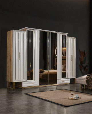 Garderobenschrank Luxus Kleiderschrank Holzschrank mit Spiegel Beige