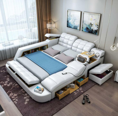 Bett Doppel Regale Leder Polster Betten Multifunktion mit Massagefunktion Neu