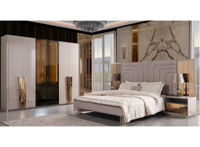 Garnitur Doppelbett Bett Beige Holz Luxus Modern Schlafzimmer Set 3tlg