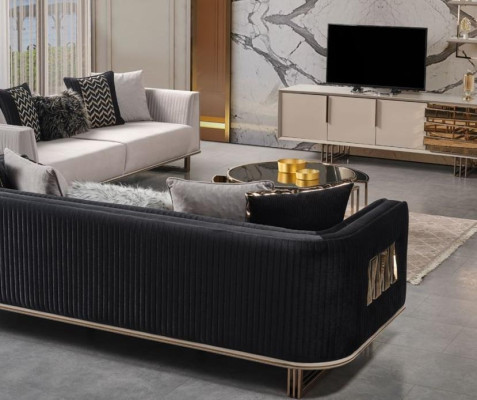 Moderne Garnitur Dreisitzer Stoffsofa Grau Blau Set 2tlg Sofa Design