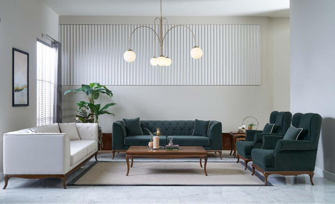 Sofagarnitur Dreisitzer Sessel Zweisitzer Stoffsofa Grün Polstersofas