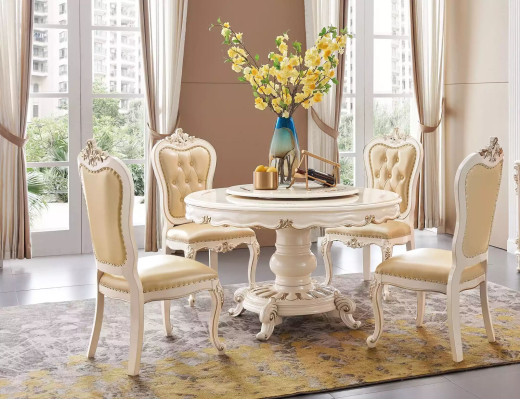Klassischer Hellbeiger Esszimmer Set Luxus Runder Esstisch und x4 Chesterfield Stühle 5tlg. Garnitur