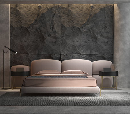 Großes Beiges Schlafzimmer Doppelbett Designer Breites Textil Kopfteil