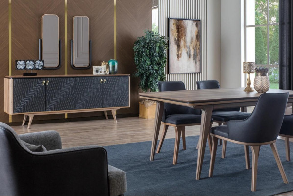 Luxus Esszimmer Set Esstisch + 4x Stühle + Anrichte mit 2x Spiegel Neu