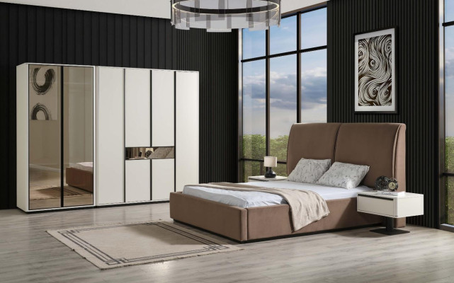 Schlafzimmermöbel Schlafzimmer Set Doppelbett Bett Nachttische 3tlg Beige