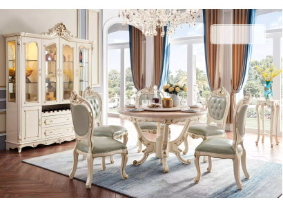 Perlweiß Esszimmer Set Esstisch 6x Stühle Vitrine 8tlg Luxus-Set