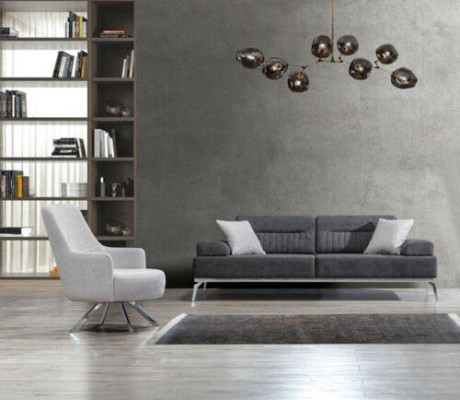 Wohnzimmer-Set 2tlg. 3-Sitzer Sofa 1-Sitzer Sessel Grau Weiß Textil Material