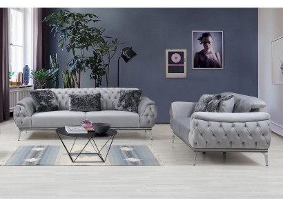 Grau Wohnzimmer Stoffsofa Modern Design Chesterfield Textil Material