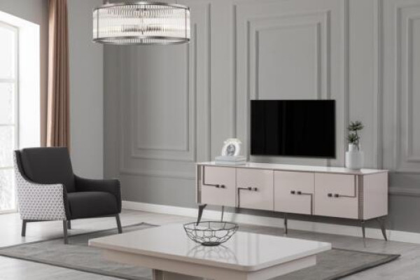 Beiger TV-Schrank Designer Couchtisch Luxus Wohnzimmer Möbel Holz 2tlg