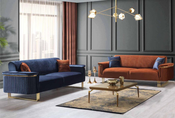 Blau-Oranges Wohnzimmer Sofa-Set Designer Stoffsofas Moderne Möbel 2tlg