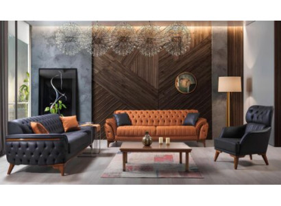 Schwarz-Orange Chesterfield Sofagarnitur Wohnzimmer Stilvolle Sofas 3tlg