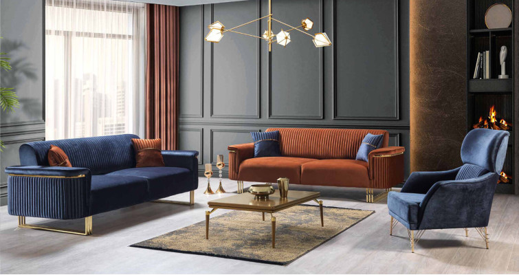 Blaues Wohnzimmer Set Designer 3-Sitzer Polstersessel Luxus Möbel 2tlg