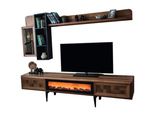 Braune Wohnzimmer Wandgarnitur Designer TV-Ständer RTV Holz Regale LED