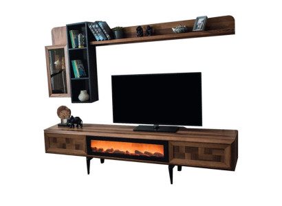 Braune Wohnzimmer Wandgarnitur Designer TV-Ständer RTV Holz Regale LED