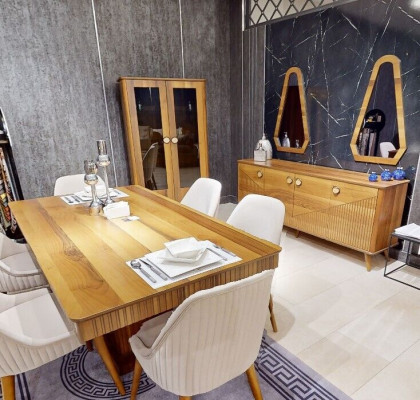 Exklusive Hellbraue Esszimmer Garnitur Holz Esstisch 6x Stühle Anrichte