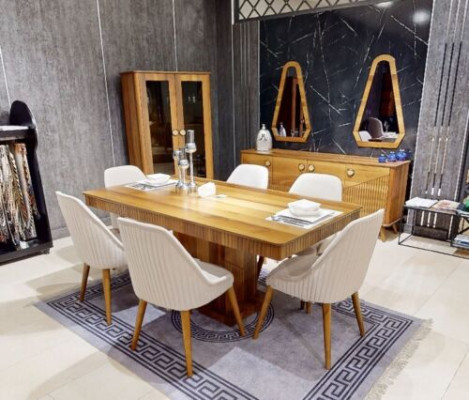 Exklusive Hellbraue Esszimmer Garnitur Holz Esstisch 6x Stühle Anrichte