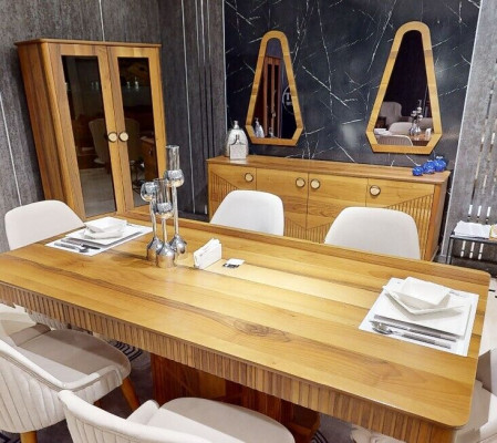 Exklusive Hellbraue Esszimmer Garnitur Holz Esstisch 6x Stühle Anrichte