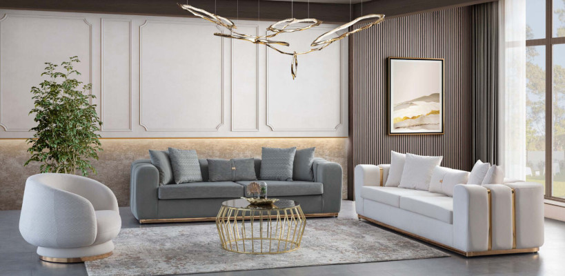 Graue Designer Textil Sofas 4-Sitzer Wohnzimmer Sitzgarnitur Holzgestell