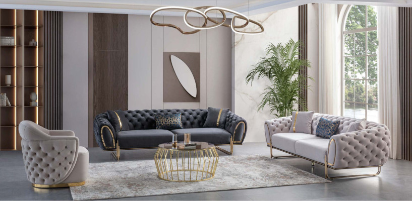 Weiß-Graue Chesterfield Couchgarnitur Luxuriöse Textil Sofas 2x 3-Sitzer