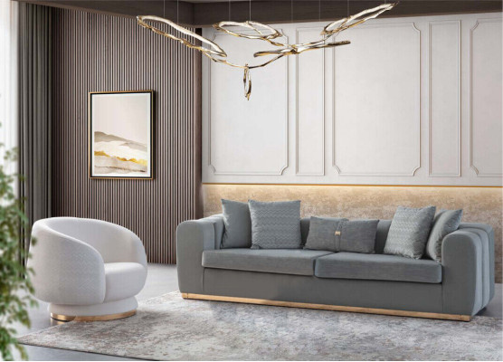 Grau-Weißes Wohnzimmer Sitzset Luxuriöse Polster Couchen 4 Sitzer Sessel