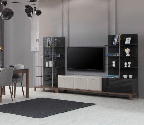 Designer Esszimmer Set Holztisch 4x Polsterstühle Designer TV Anrichte