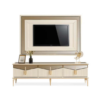 Wohnwand TV Ständer Wandpanel Couchtisch RTV Lowboard Gold 3tlg Beige